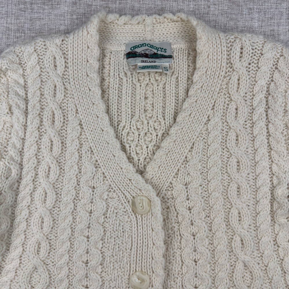 Aran Crafts Ireland 100% Merino Wool Cable Knit Cardigan Sweater S Cream - Picture 4 of 9